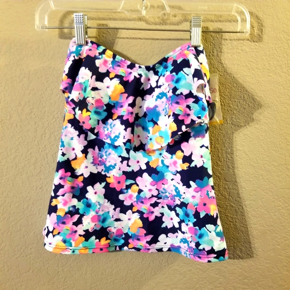 SO Juniors New Bandeaukini Swim Top Pink/Blue/White w/ Ruffle Size Small 3/5